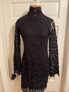 INC Black Stretch Lace Mini Dress with Mock Neck and Bell Sleeves